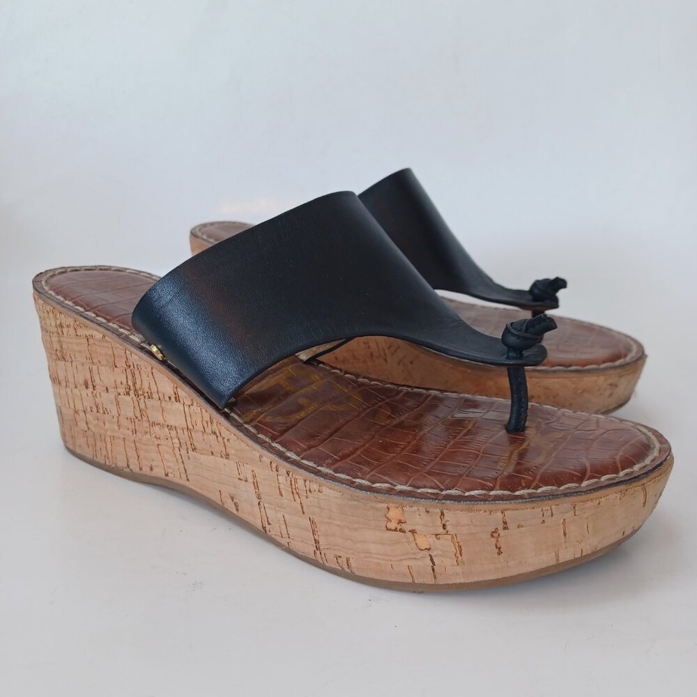Sam Edelman Cork Wedge Sandals Black Leather Roy 3D Platform Shoes Womens 8.5 - Picture 6 of 15